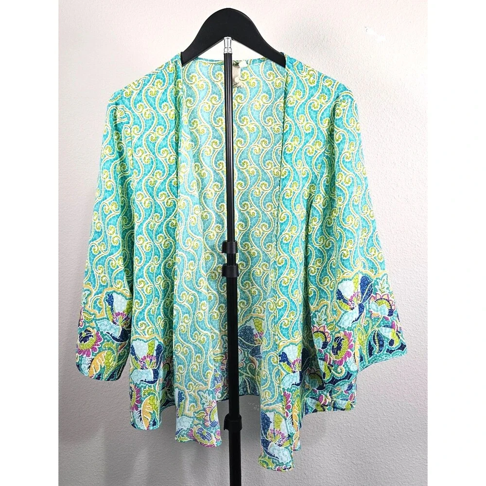 Lavender Honey Womens M Open Front Jacket Blue Green Paisley Art to Wear Kimono